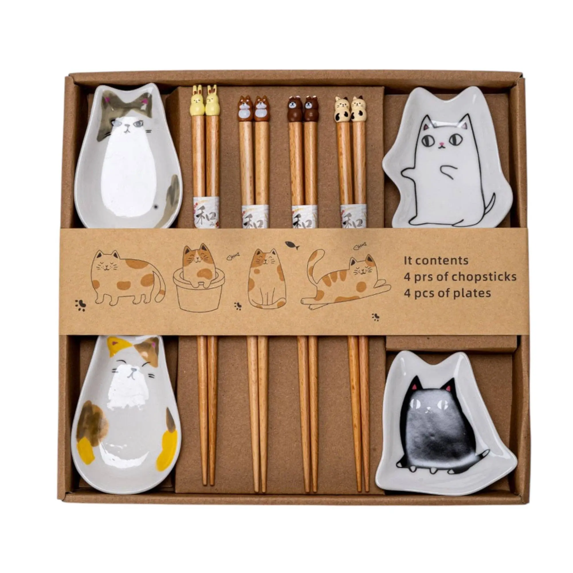 Whimsical Animal Cute Cat Wooden Cutlery Tableware Kit - Includes Chopsticks, Ceramic Sauce Dish - Home Kitchen Use, Ideal Housewarming Gift Ideas