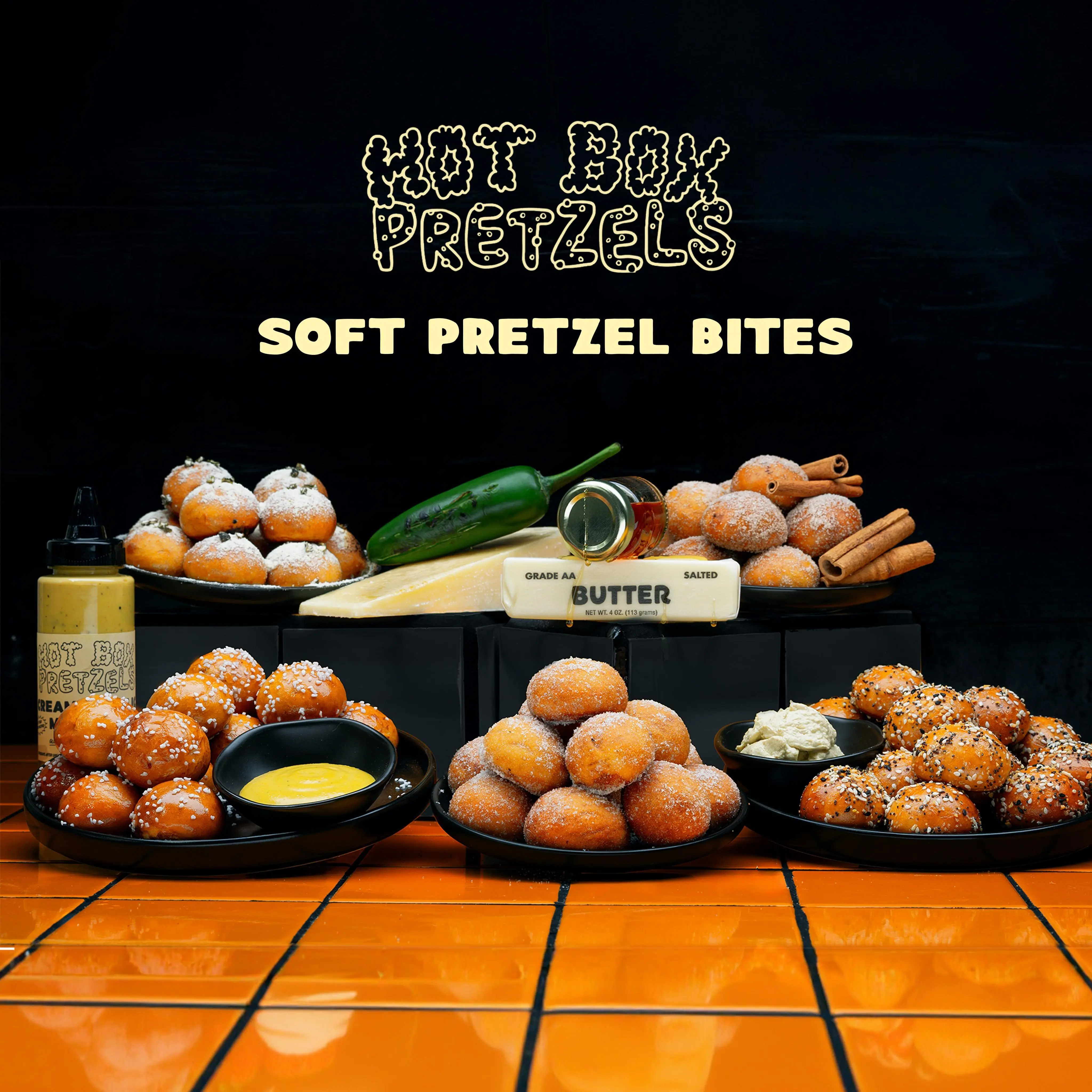 Hot Box Pretzels | 5 Bags Soft Pretzel Bites | Pretzel Salt, Cinnamon, Honey Butter, Jalapeno Queso, Everything Bagel 8-30g Flavor Packets | 5 8oz Bags + 5 Seasoning Packets(8-30g) | Clean Ingredients, No Artificial Flavors