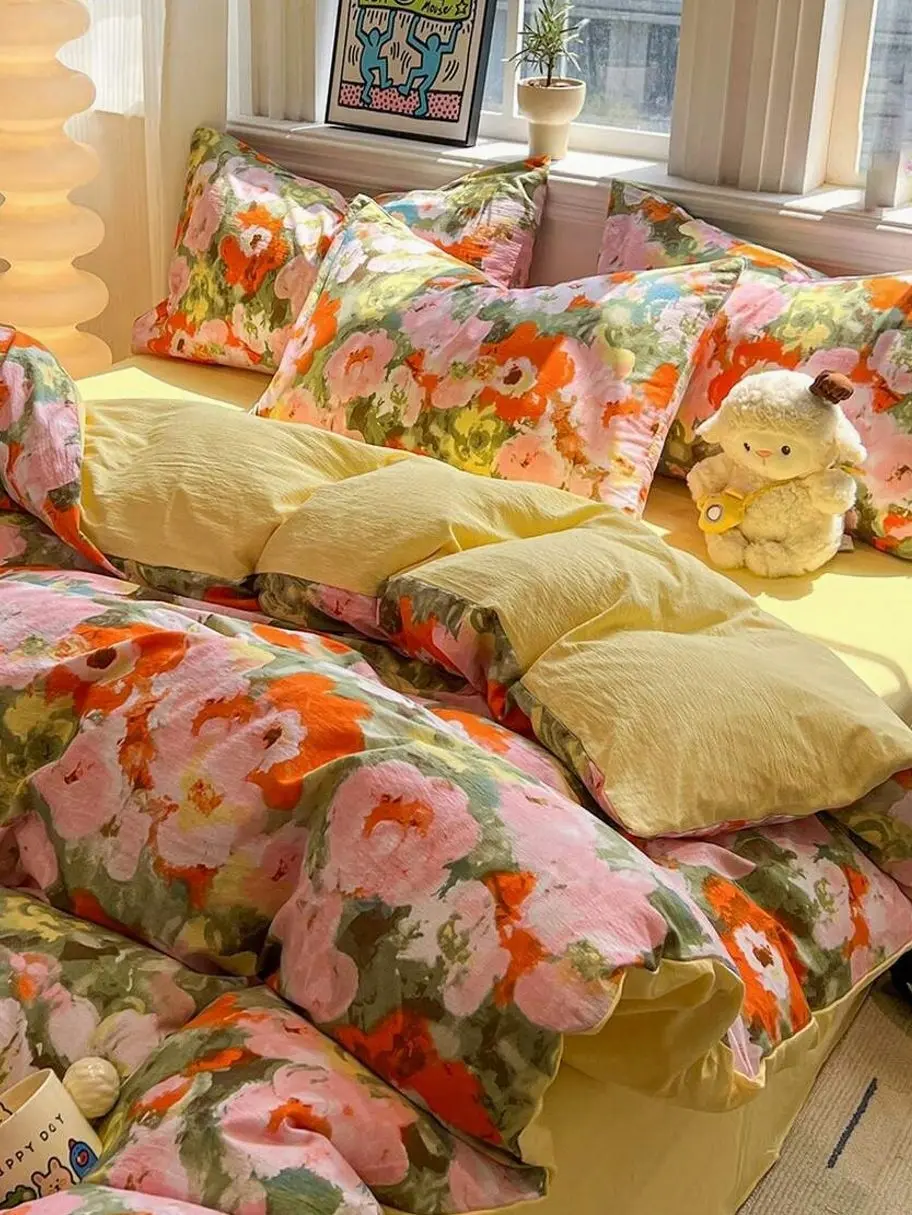 French Pastoral Bedding Set, 4PCS Garden Floral Duvet Cover with Flat Sheet & 2 Pillowcases, Soft Breathable Polyester, Cottagecore Bedroom