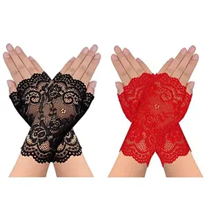 obmwang 2 Pairs Women's Lace Gloves Fingerless Floral Gloves for Bridal Prom Wedding Party Costume Accessories