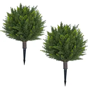 24 In PE Material Artificial Cedar Topiary Ball Trees (Set of 2) with Ground Spike, UV-Resistant Faux Cypress Bushes, Everlasting Greenery Manicured Plants for Front Porch Decor, Patio & Garden Decor