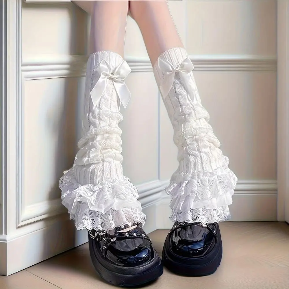 1 Pair Japanese‑Inspired Cute Lace Trim Bow Slouch Calf‑High Socks, Soft Mid‑Calf Loose Casual Socks for JK‑Style School Outfits & Skirt Matching