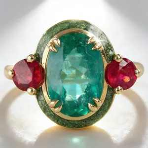 Antique style jewelry, classic cocktail ring,Vintage synthetic emerald style ring, gorgeous statement ring，In the center, there is an oval-cut synthetic emerald, Eye-catching color contrast.