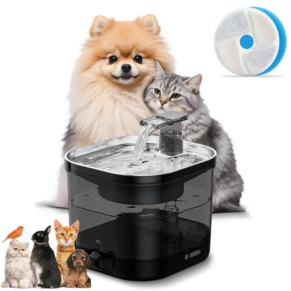 2L Stainless Steel Cordless Cat Water Fountain - 5000mAh Rechargeable Battery, Motion Sensor, Quiet Pump, 4-Stage Filtration, 4PCS Replacement Filters, Auto Flow, Easy Cleaning, Indoor Use for Fresh Water