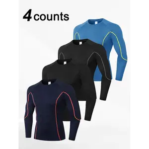 Men's 4-Pack Fitted Compression Shirts with Contrast Binding, Quick-Dry Round Neck Activewear for Gym and Running, Activewear Fitness