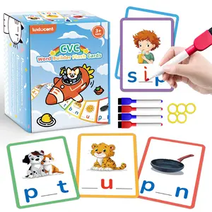 Luxlucent CVC Word Builder Toddler Flash Cards - Playful Vocabulary Flashcards Set, Preschool Learning Tool with Markers & Stickers, Homeschool Educational Toy Supplies