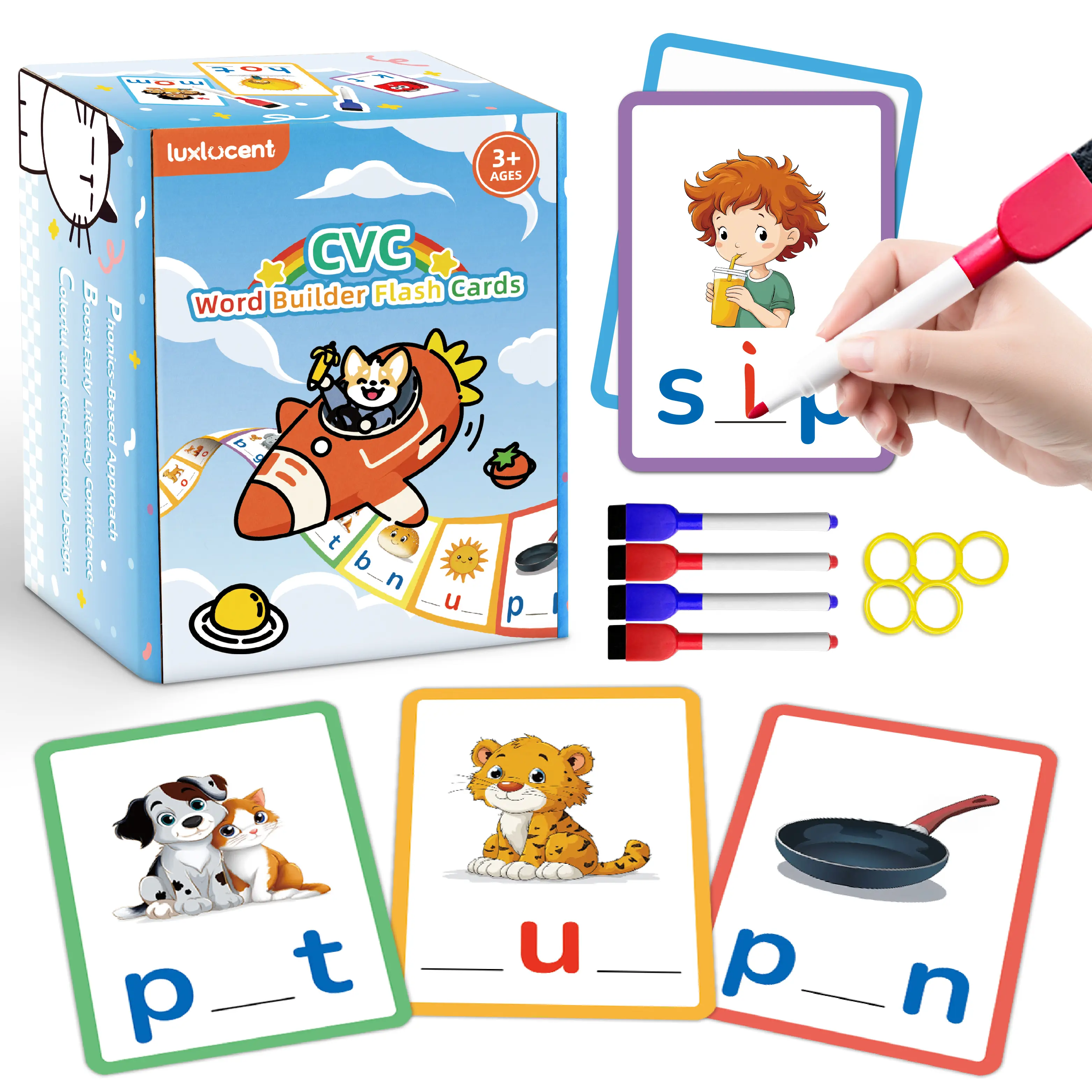 Luxlucent CVC Word Builder Toddler Flash Cards - Preschool Learning Tool for 3-6 Years, Classroom Homeschool Educational Toy with Markers, Stickers, Reading Skill Enhancement