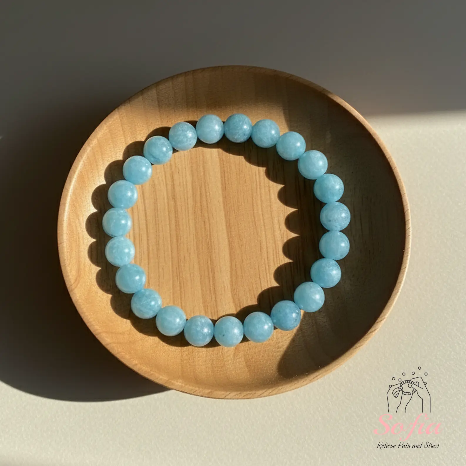 Sofia Natural Aquamarine Beaded Bracelet by Sofiadesignsboutique - 8mm Beads, Aqua Blue Crystal, Elastic Cord, Handmade Boho Pretty Bracelet for Adults, 6.5-7.5 Inch Wrist, Comfortable Stretch Fit