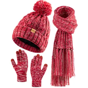 Women's Winter Knit Set Fleece Lined Beanie with Pom-Pom Long Warm Scarf & Touchscreen Gloves for Cozy Winter Days 3 PCS Christmas Gifts