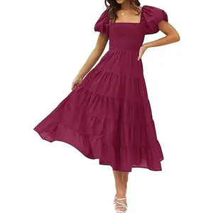 ZESICA Women's 2026 Summer Square Neck Short Puff Sleeve Solid Color High Waist Casual Smocked Flowy A Line Tiered Midi Dress