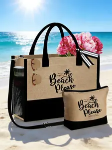 Women's Beach Theme Tote Bag Set, 'beach Please' Palm Tree Print, Casual Fashion Handbag, Beach Purse, Large Capacity Shoulder Bag, Durable Material