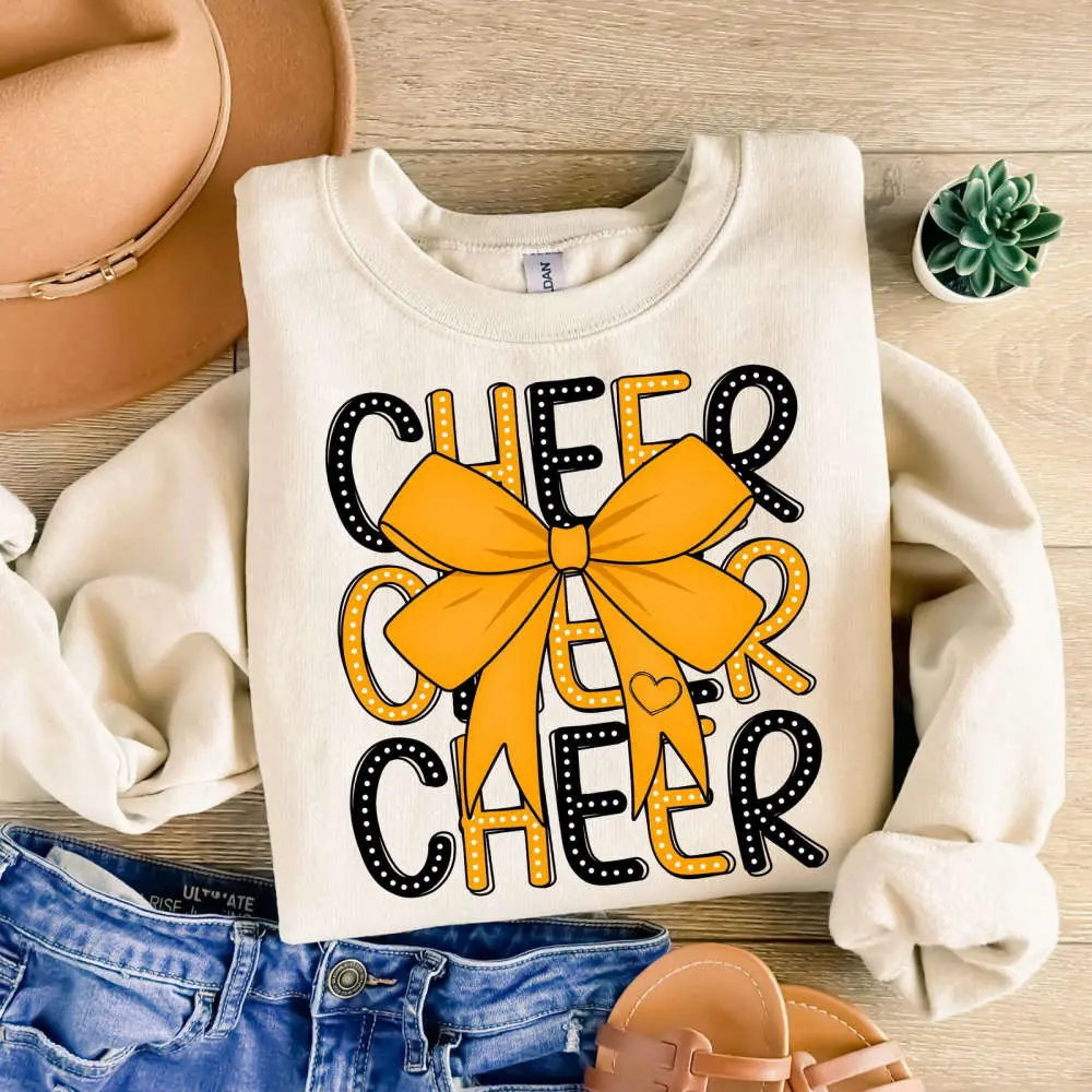 Cheerleading Sweatshirt, Coquette Cheer Sweatshirt, Black and Yellow Gold, Cheer Mom Design, Custom Cheerleader Png
