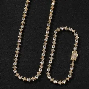 [ICE HUE]18K Gold Vacuum Plated Copper with 5A+ Sri Lanka Zircon 6mm Star Tennis Necklace & Bracelet Miami Italy Mexico & Micro Inspired for Women & Men Luxury Jewelry,Daily Wear,Casual Fashion,Gift Idea,Chicano,Classic,Hip Hop,Simple,Sporty Style