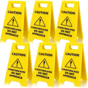6Pcs Caution Overstimulated Desk Sign Yellow Sign with Black Mini Novelty Funny Desk Decor Text Humor Gag Gift Birthday Christmas Gift for Coworkers Boss Employees Friends