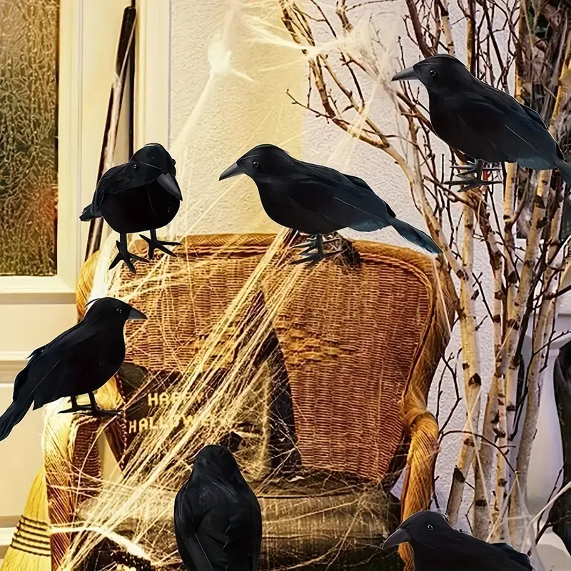 Realistic Crow Statues Set of 6, Lifelike Bird Decorations, Bird Figurines with Glossy Feathers, Garden Sculptures Statues, Ornaments Statues, Perfect for Garden Home or Halloween Party