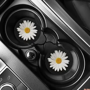 2 piezas de tapetes absorbentes con forma de margarita para portavasos de coche - Adiciones para el interior del coche para mujeres, posavasos para vasos de agua para vehículos de coche y escritorio en el hogar