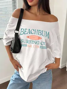 Women's Off Shoulder Surfing Tee, Casual Chic Beach Bum Surfing Company Letter Print Long Sleeve T-shirt for Summer, Ladies Clothes for Daily Wear Top Piece, Breathable