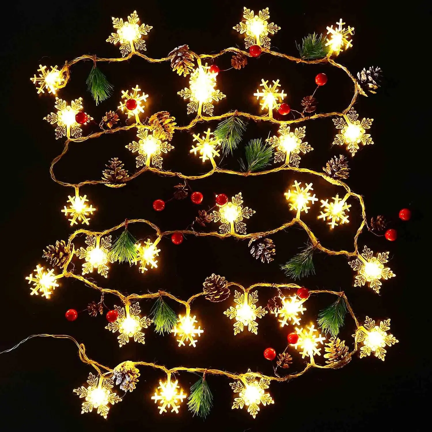 20 Led 6.6ft Christmas Garland Snowflake Lights, Pine Cones Red Berry Battery Operated Fairy String Lights 8 Lighting Modes with Timer Indoor Outdoor Tree Decor Fireplace Mantle Decorations