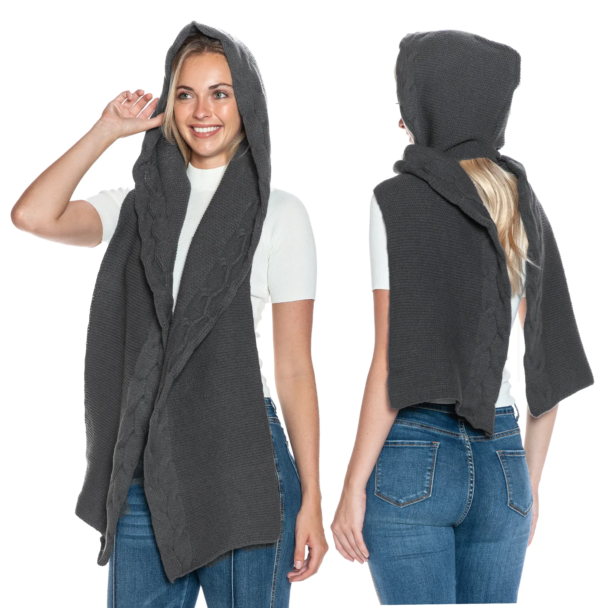 Charcoal Gray Elegant Wave Pattern Knitted Hooded Scarf - 2-in-1 Design Balaclava Winter Neck Warmer, 1 Size, Hand Wash, Casual Daily Commute Skiing Outdoor Fashion Accessory