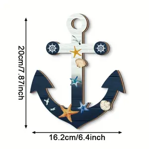 Mediterranean Style Wooden Wall Art 2D Flat-Print Set - Vintage Blue and White Decorative Plaques & Signs with Anchors and Ship Wheels - Perfect for Living Room, Bathroom & Stairs Wall Decor - Adhesive Included for Easy Installation