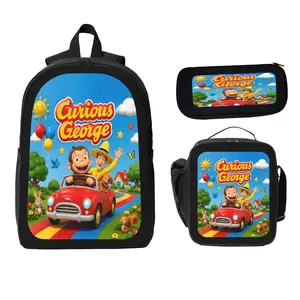 3pcs Curious George Monkey Cartoon Backpack Set Girls Boys School Bag Laptop Backpack Lunch Bag Pencil Pouch Kids Teen Backpack Large Capacity Durable Unisex Travel Backpack Back To School Gift Summer Essentials