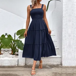 Women's Navy Blue Smocked Tiered Midi Sleeveless Dress - Square Neck, Spaghetti Strap, Flowy A-Line Boho Sundress with Ruffle Trim, Ideal for Beach Vacation & Daily Wear