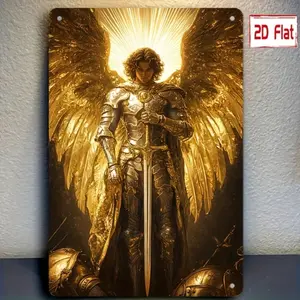 Vintage Aluminum Archangel Michael Wall Art Decor with Golden Background and Pre Drilled Holes for Home Office Church, Ornaments, Religious Decorations