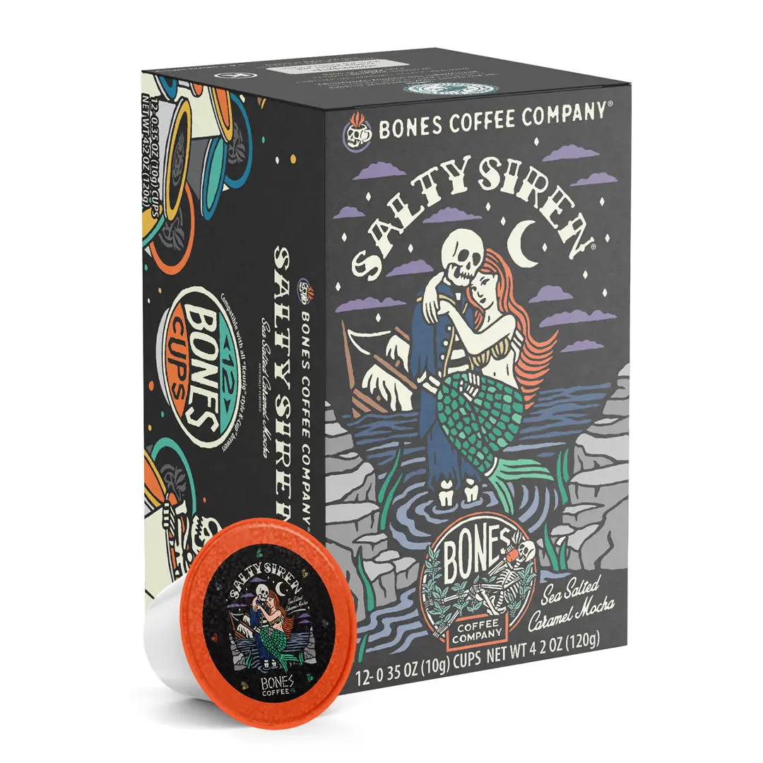 Bones Coffee Company | Salty Siren Sea Salted Caramel Mocha Coffee Pods 12 Count Medium Roast Keurig Compatible