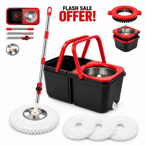 61-inch Spin Mop and Bucket Set (with Wringer) - Stainless Steel Basket, Adjustable Handle, Collapsible Soap Dispenser, 3 Ultra-Smooth Absorbent Microfiber Mop Heads, 1 Brush Head - Cleaning Supplies and Tools, Housekeeping Essentials for All Floor Types