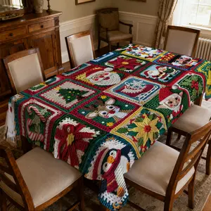 1pc Christmas Theme Tablecloth, Multiple Small Squares with Santa, Tree, Sleigh, Candy Cane, Nutcracker, Poinsettia, Reindeer, Festive Decor