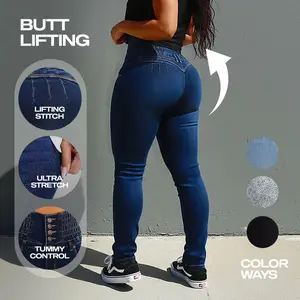 Moda Xpress MX JEANS Ultra High Waist Dark Wash Push Up Levantacola Skinny Jeans – Spandex Waistband, Extra Tummy Control, Stretchy Material