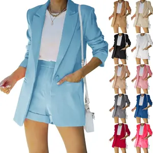 Goranbon Women's 2 Piece Open Front Long Sleeve Blazer and Solid Short Pants Suit Sets