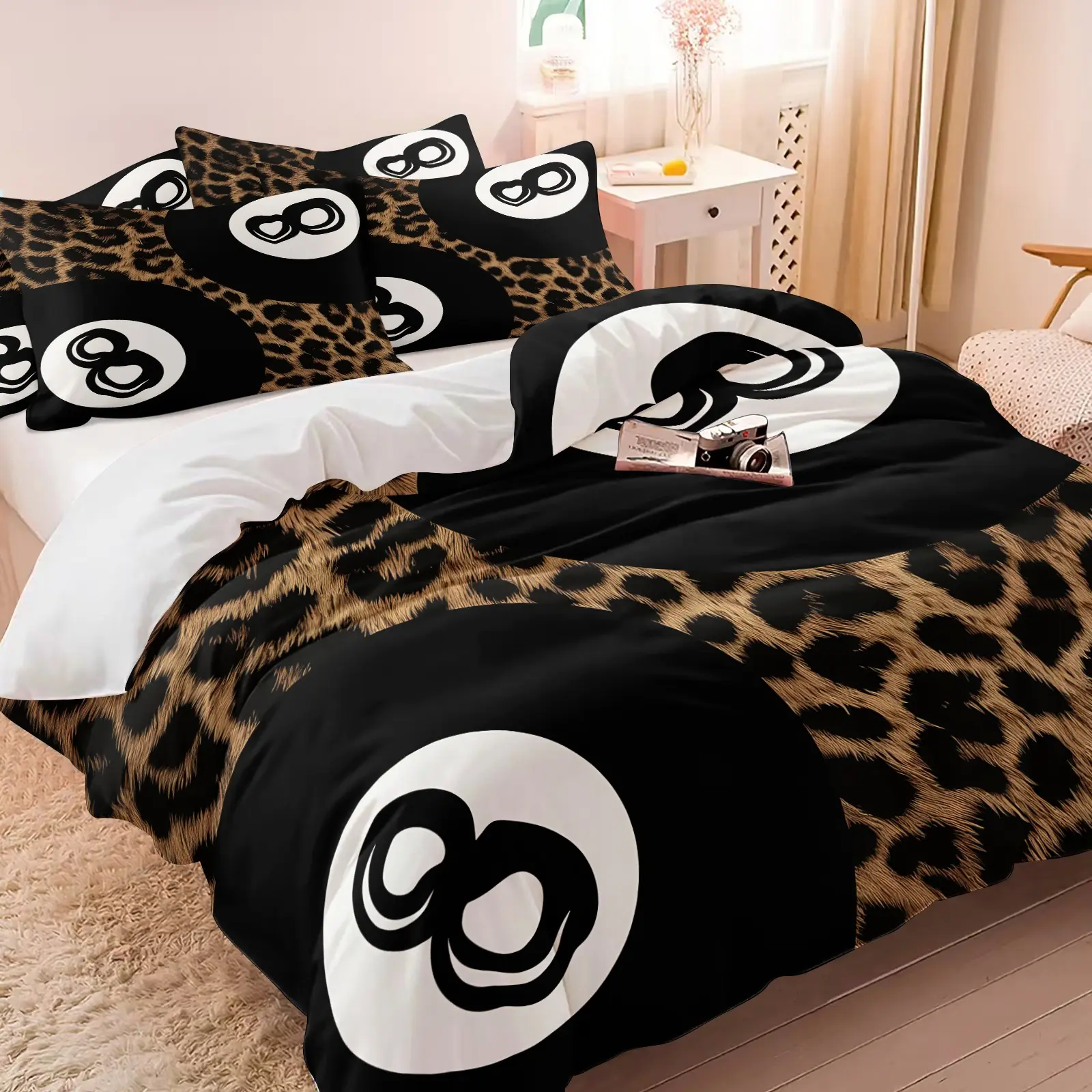 American Retro Leopard Print 8-Ball Billiards Duvet Cover Set, 1 Duvet Cover & 1-2 Coreless Pillowcases, Brown Leopard & 8 Ball Pattern, Comfortable Skin-Friendly Bedding, 90s Street Style Bedroom Decor, Comfy Bedding Sets, Printed Bedding Set
