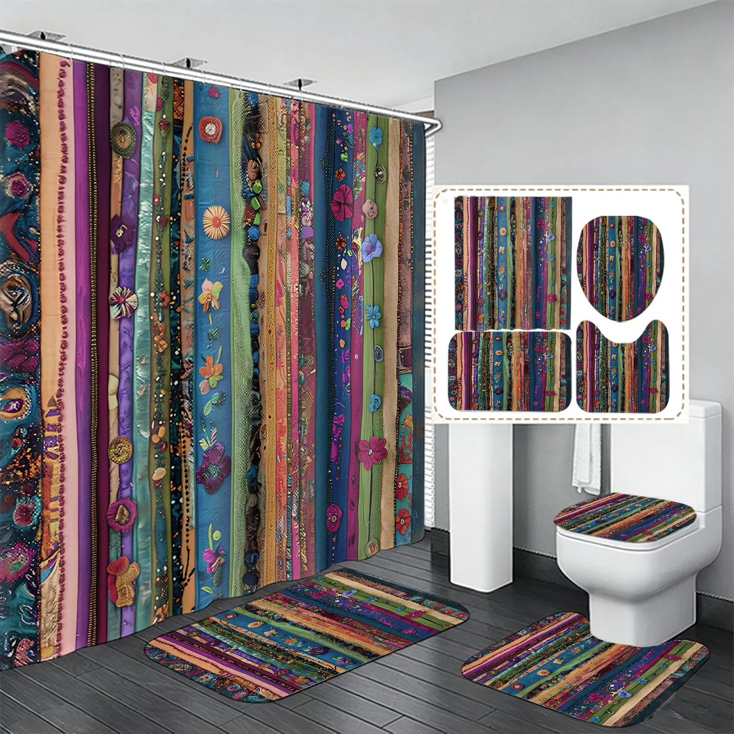 4pcs Boho Striped printed shower curtain Set with Rugs, boho shower curtains for bathroom, Artistic Floral Texture, Vibrant Multi-Colored Fabric,The floor mat fabric is thicker and softer!  Bathroom Toilet Accessories