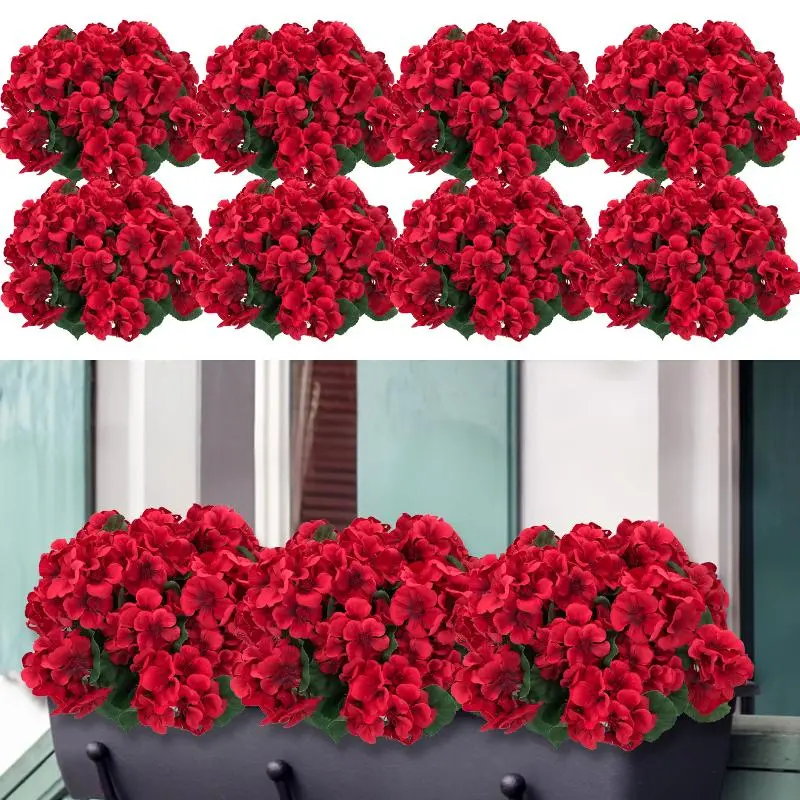 Bunch of 8 13.77 inches Artificial Geranium Flowers, Red Artificial Flowers, Silk Geranium Flowers, UV Resistant Garden Plants for Outdoor, Yard Decoration, Home, Kitchen, Table Decoration summerwins