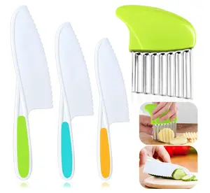 4 Pcs Kids Knife Set, Nylon Kitchen Knife with Crinkle Cutter, Serrated Edges Plastic Toddler Chef Knife for Real Cooking & Cutting Fruit Bread