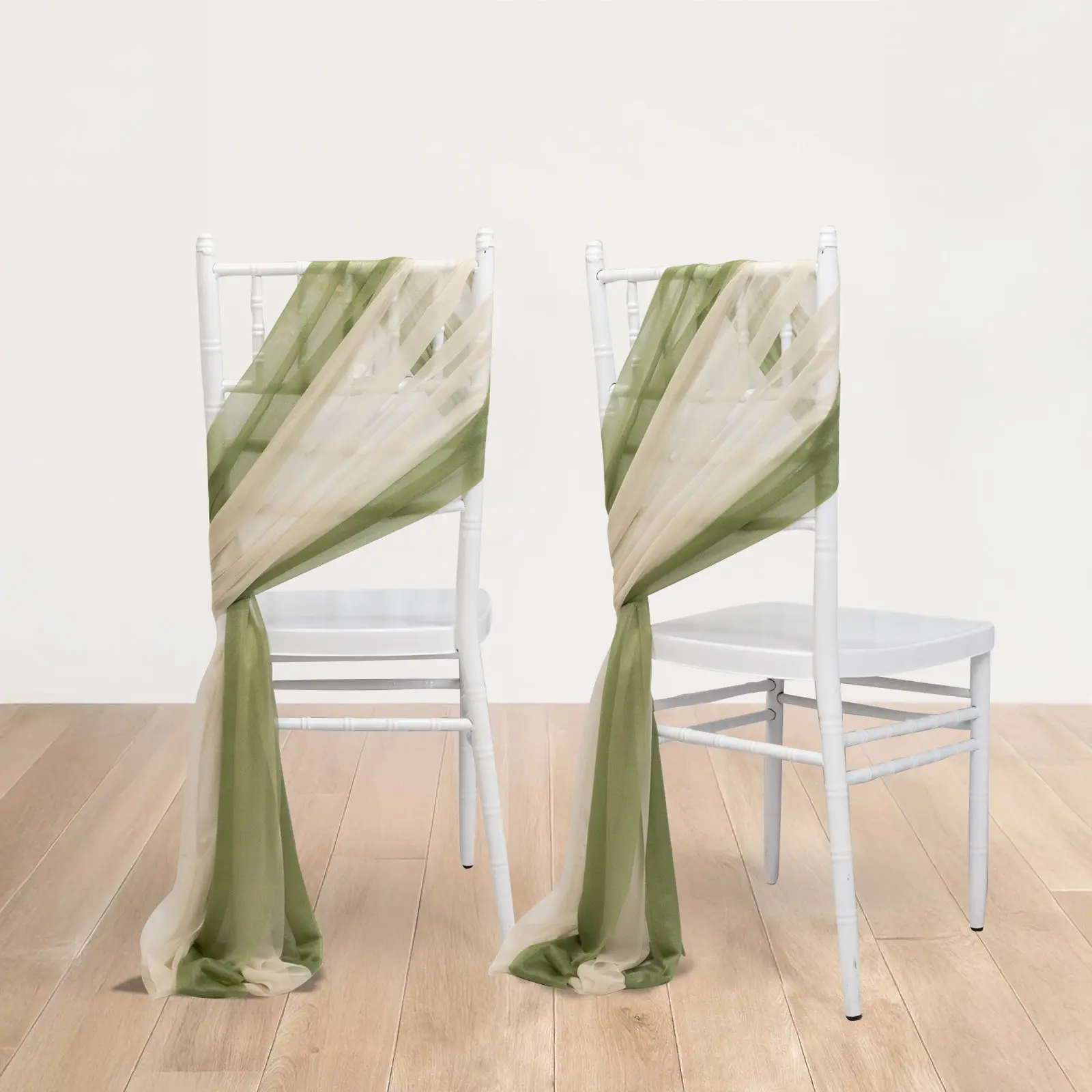 20-Pack Dusty Sage Green and Beige Sheer Fabric Chair Drapes, 9ft Shimmer Sash Decor for Parties, Weddings Venues, Restaurants, Wrinkle-Free Household Textile Accessory
