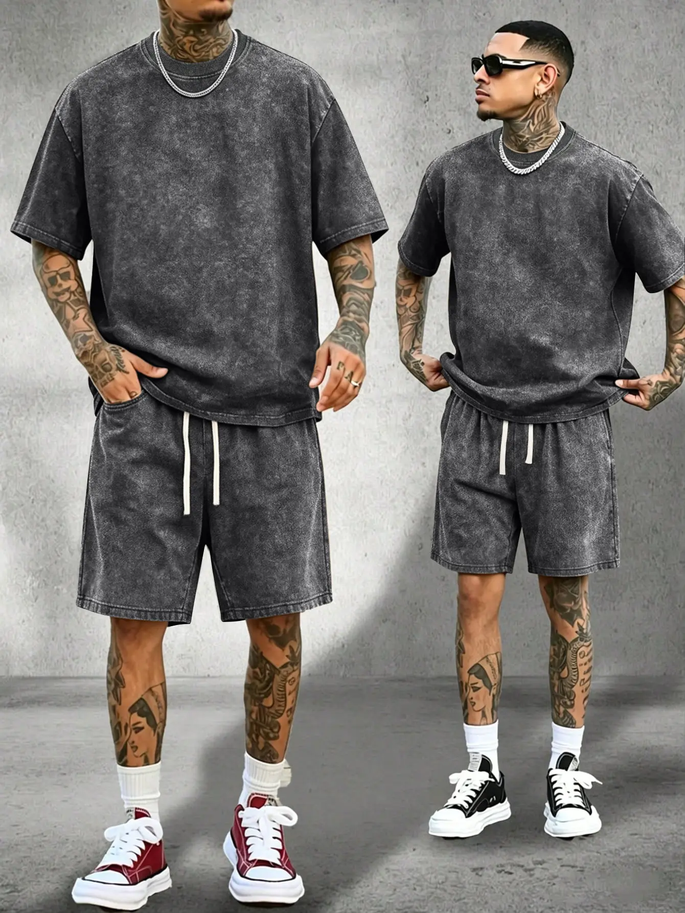 Men's Classic 2-Piece Soft Stretch Cotton Loungewear Set - Vintage Acid-Wash Distressed Crewneck Short-Sleeve T-Shirt Elastic-Waist Drawstring Wrinkle-Resistant Pockets shorts Ideal for Casual Sports Camping Summer Outfits Clothes Menswear Outdoor Suits R