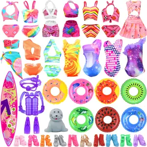 15 Items Doll Bathing Suits Pool Accessories Set for 11.5 inch Girl Dolls - 5 pcs Swimsuits, 5 Shoes, 2 Pool Floaties, 1 Set of 3 Diving Suit, 1 Toy Seal, 1 Surfboard