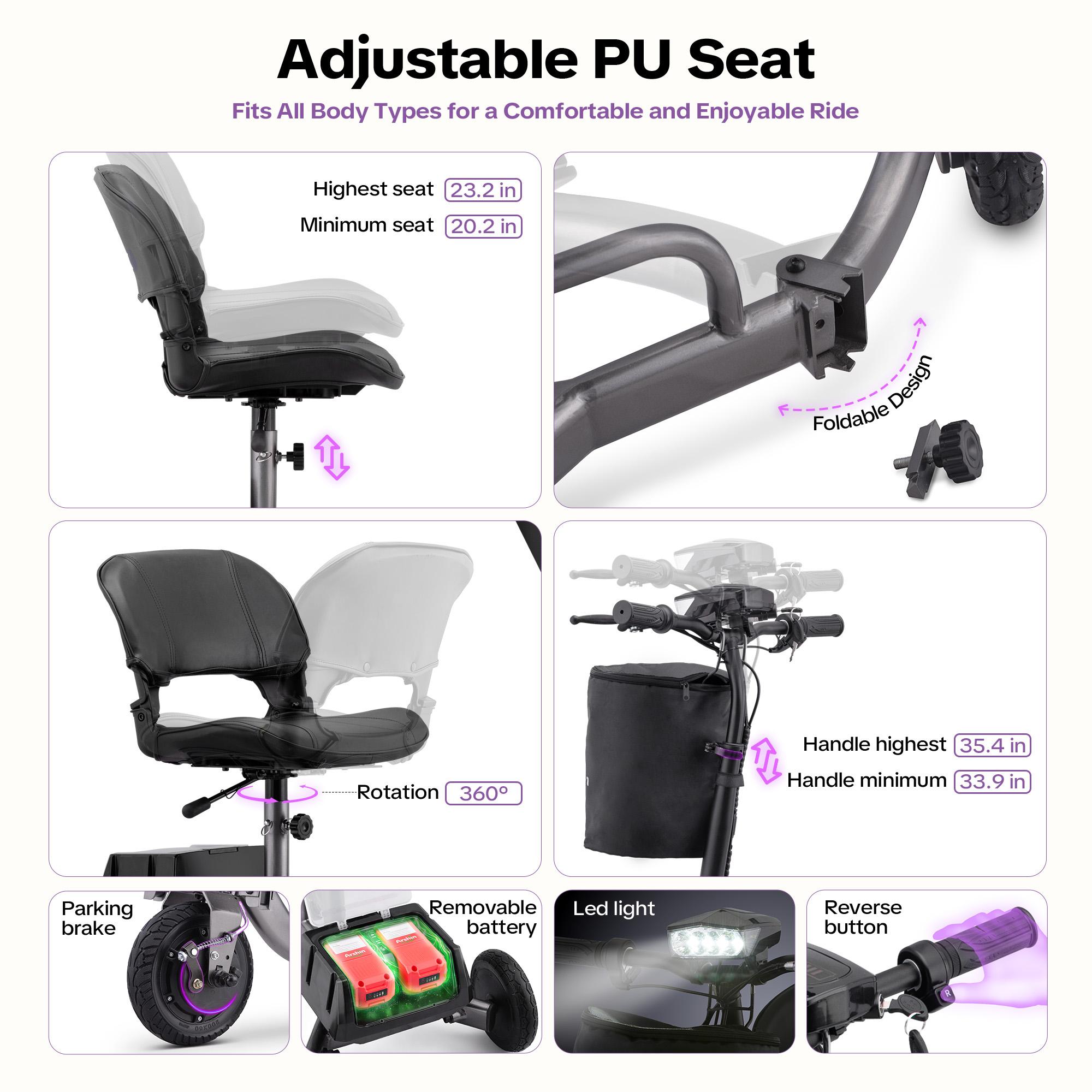Lightweight Foldable Mobility Scooter for Seniors, 3-Wheel Electric Powered Scooter with Dual Removable Batteries, Adjustable 360° Seat, Basket & LED Light, 300lbs Capacity
