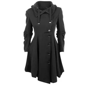 Long Trench Pea Coat for Women - Wool Winter Trench Coat Goth Lapel Peacoat Outwear Thick Hood Pea Jacket Trenchcoat