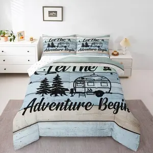 Camper Bedding Happy Camping Comforter,Colorful Stripe Duvet Insert,Bear Woodland Adventure Theme Quilt Set