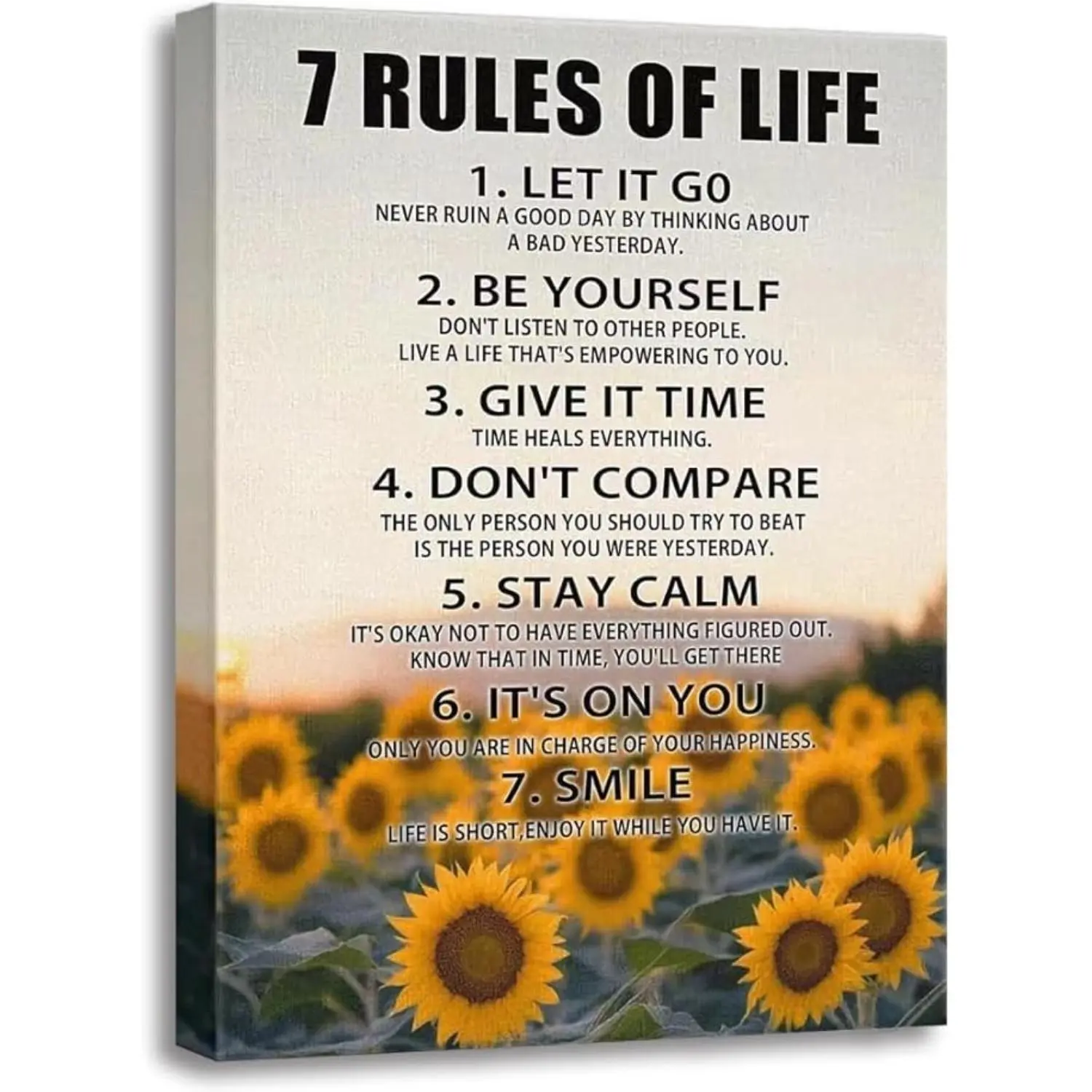 Motivational Wall Decor for Office & Classroom - 7 Rules of Life Inspirational Positive Affirmations Wall Art, Sunflowers Uplifting Quotes Canvas Posters for Home, Gym, School - Gifts for Family Member and friends (12x18Inch)