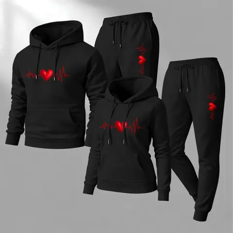 Men's 2-Pcs Minimalist Heartbeat Letter Print Polyester Athletic Set - Loose-Fitting Hoodie/Jumper with Drawstrings, Long Sleeve Warm Sweatpants, Machine Washable for Autumn-Winter