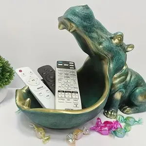 Whimsical Resin Hippos Key Dish with Golden Tongue, Playful Cartoon Design for Home Decor & Desk Art, Durable Material and Versatile Decor Piece