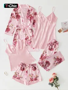 5 Piece Set Women's Satin Smooth Elegant Chic Floral & Plants Print Nightwear Pajama Set, Fall Clothes, Comfort Adjustable Strap Camisoles & Pj Pants & Elastic Shorts & Belted Lounge Robe Pjs Set, Homewear Set, Pyjamas for Women, Womenswear, Loungewear