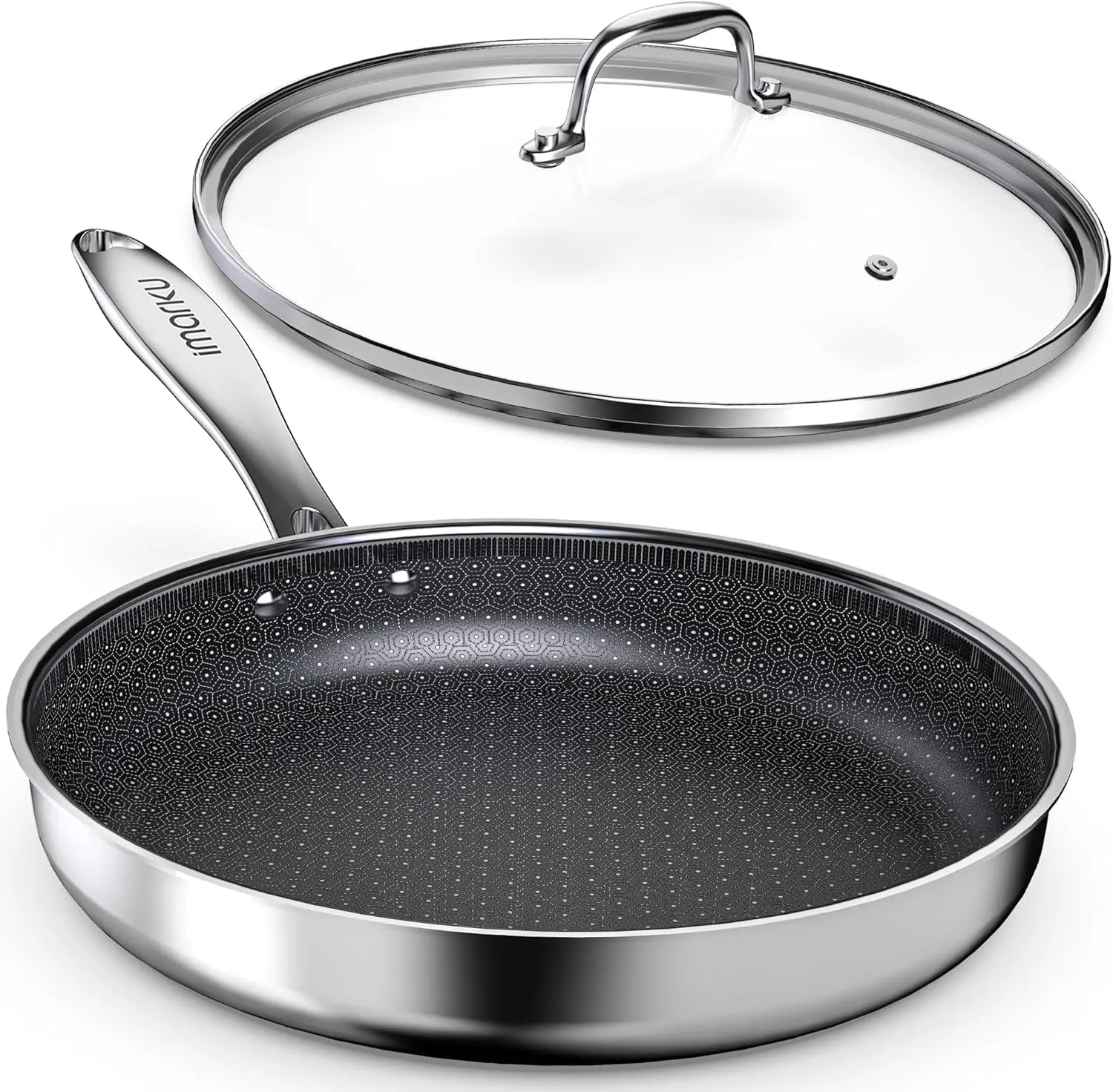 Imarku 12" Non Stick Frying Pan with Lid, Stainless Steel Pan with Durable Ceramic Coating, 5.5-Quart Deep Skillet for Family Meals, Induction Cookware, Oven & Dishwasher Safe, PFOA Free