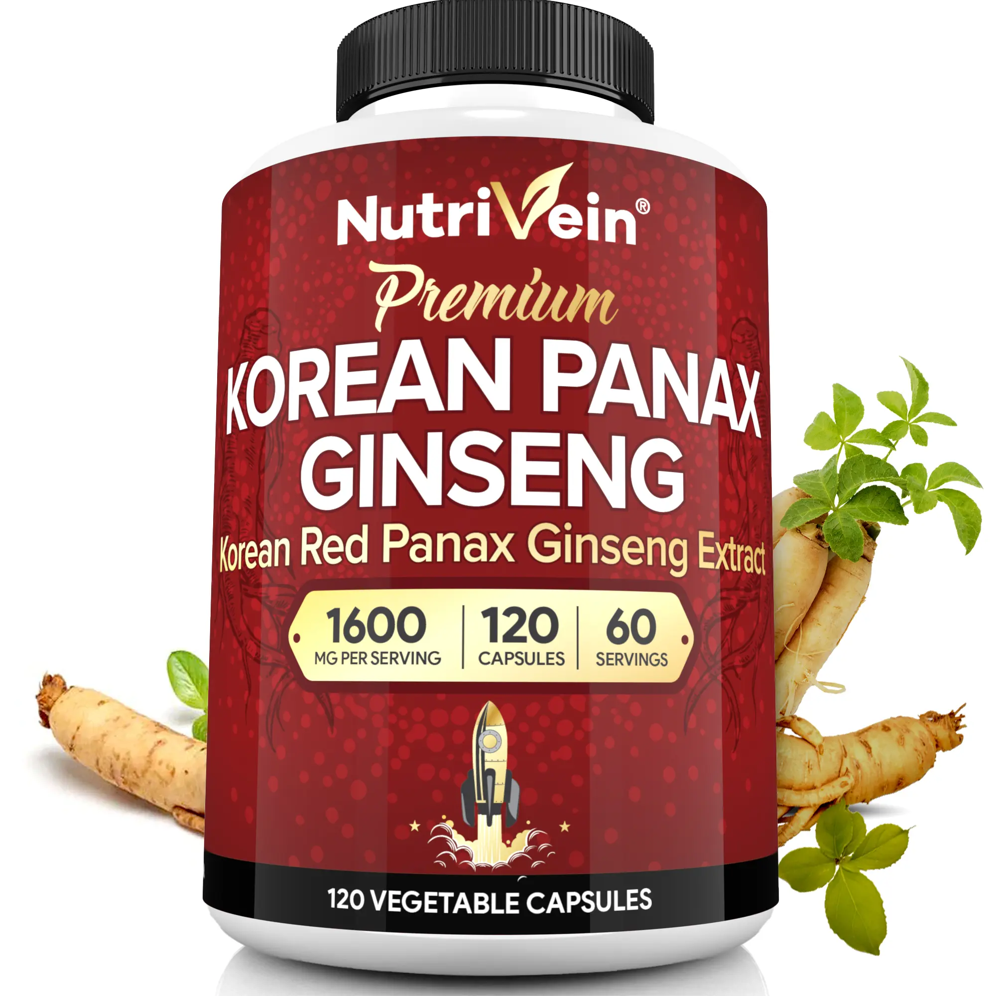 Nutrivein, Pure Korean Red Panax Ginseng Capsules, Organic Natural Dietary Supplement, Energy & Cognitive Support Formula, Vegetarian Vegan Capsules, 1600mg, 120 Capsules, 2 Capsules Daily