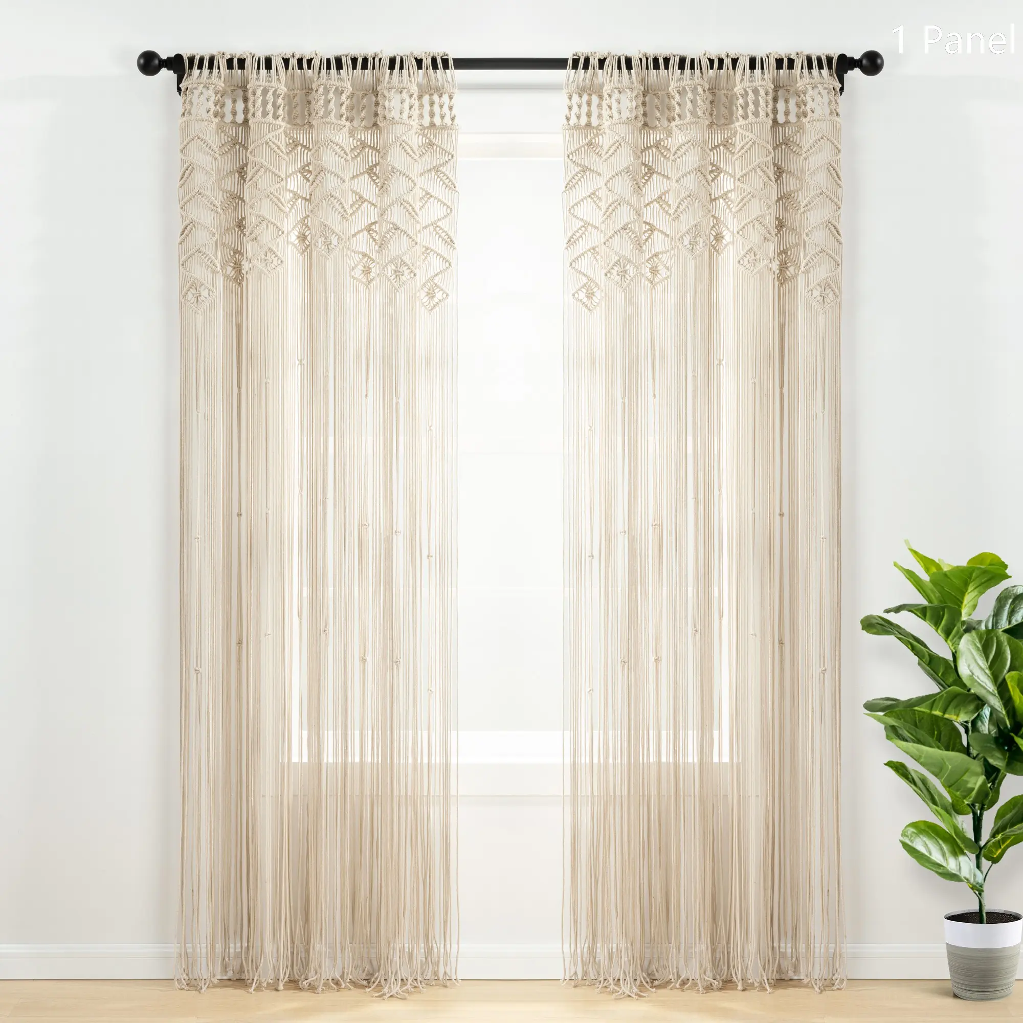 Lush Decor Boho Macrame Leaf Cotton Window Curtain (Single Panel) - Sold Individually - Handwoven Leaf Pattern, 40"W x 84"L, 3" Rod Pocket, Bohemian Style, Interior Decor