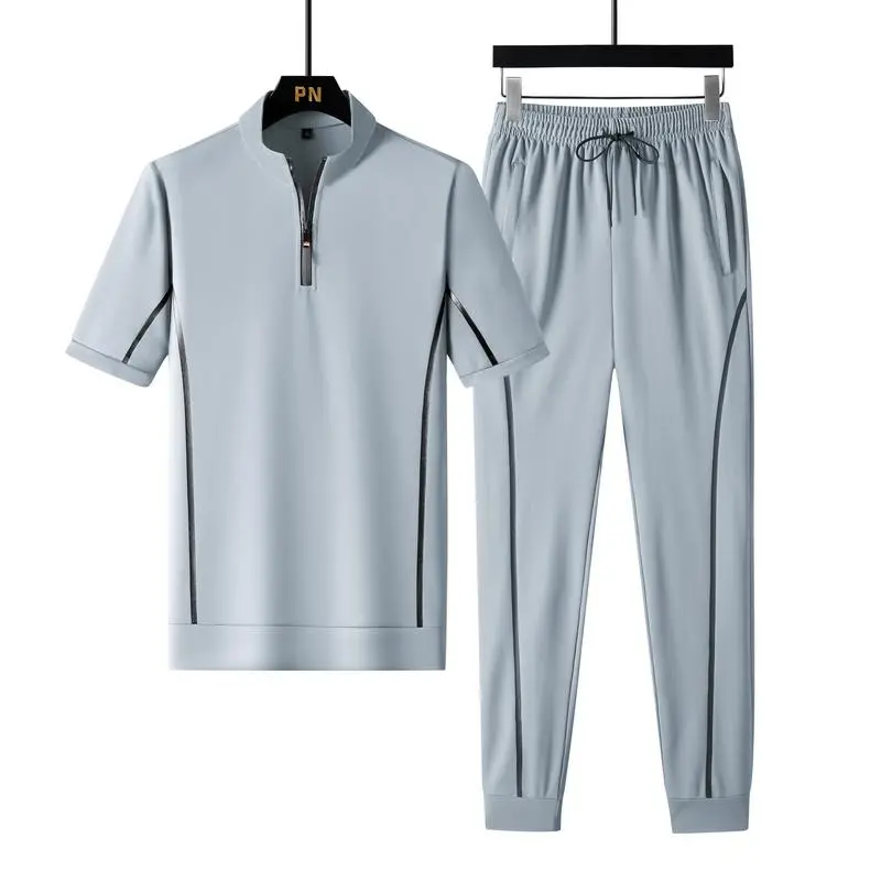 Men's Tracksuit Set, 2-Piece Athletic Outfit with a Contrast Binding Short Sleeve Half-Zip Top and Casual Polyester Blend Joggers, Jogger Pants, Elastane, Solid Plain, Complements Top, T-Shirts, Basics, Drawstring, Fitted, Male, Adjustable Strap, Machine,